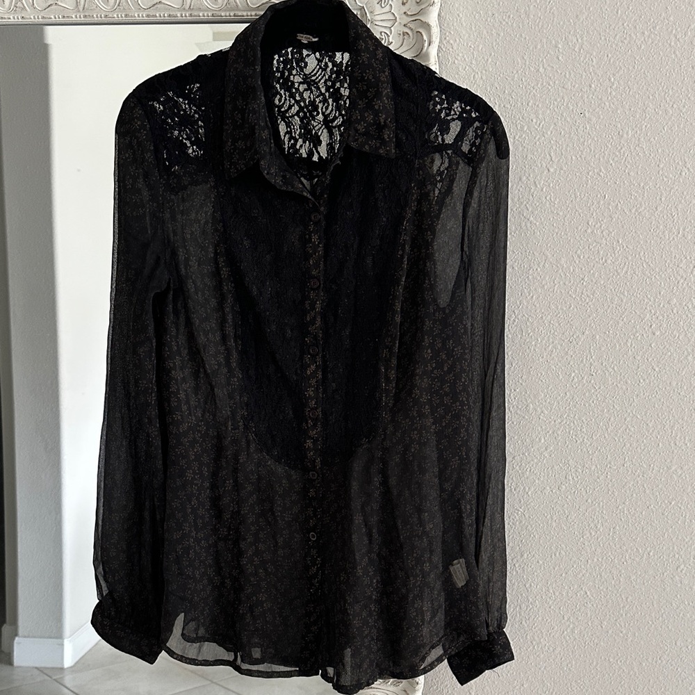 Free People Black Lace/Sheer Button Down Shirt